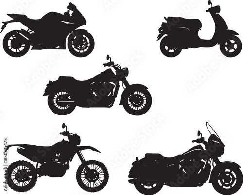 Diverse collection of black motorcycle silhouettes including a sportbike scooter cruiser dirt bike and touring motorcycle representing various styles of two-wheeled also transparent background