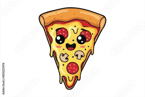 A cheerful cartoon slice of pizza with a cute face and toppings