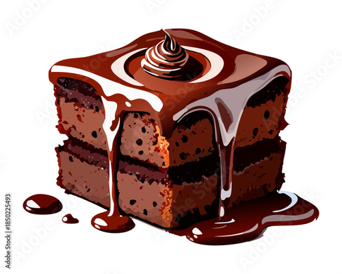 Decadent chocolate layer cake with dripping ganache sauce and decorative frosting for sweet bakery shop menu - Vector Illustration