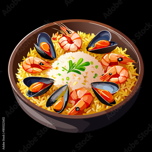 Traditional spanish seafood paella with mussels prawns shrimps and saffron rice in a black ceramic bowl - Vector Illustration
