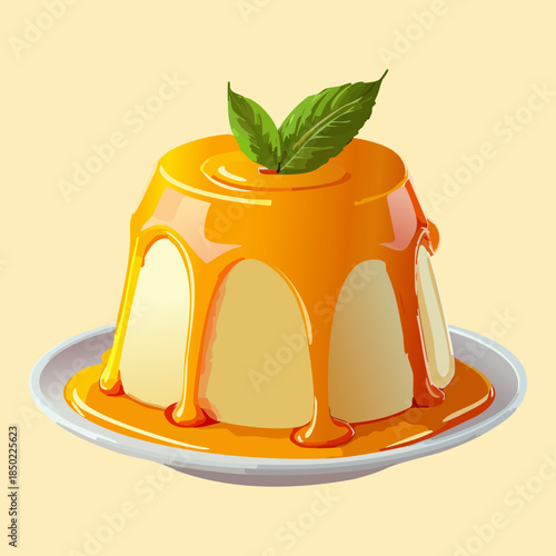 Soft flan cake with caramel sauce topping and mint leaf garnish on a simple pastel background - Vector Illustration