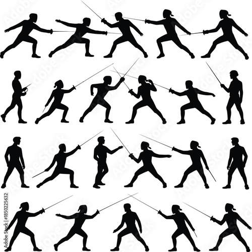 Fencing silhouettes, fencer duel with sword vector set