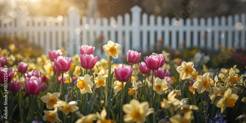 Colorful tulips and daffodils near a white fence in Maine, highlighting early spring flowering for local horticulture