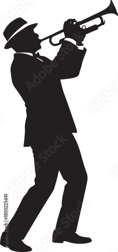 Silhouette of a jazz musician in a suit and fedora hat playing a trumpet with passion and energy, capturing the essence of live music performance also transparent background