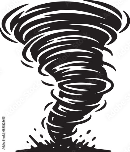 Stylized black silhouette of a powerful tornado with swirling winds and debris splashing up from the ground, conveying natural disaster and destructive force also transparent background