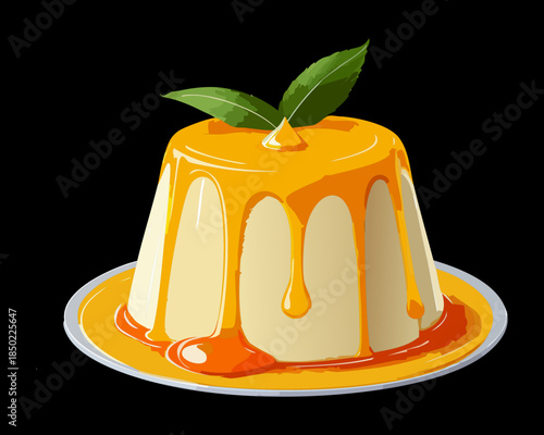 Classic caramel custard pudding with fresh mint leaves and golden honey glaze for sweet dessert menu - Vector Illustration
