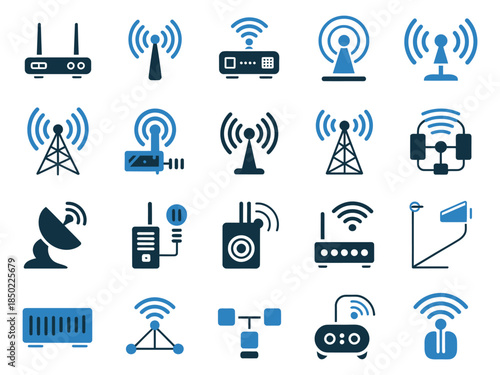 Diverse wireless communication icons displayed in blue and dark blue, emphasizing connectivity and technology.