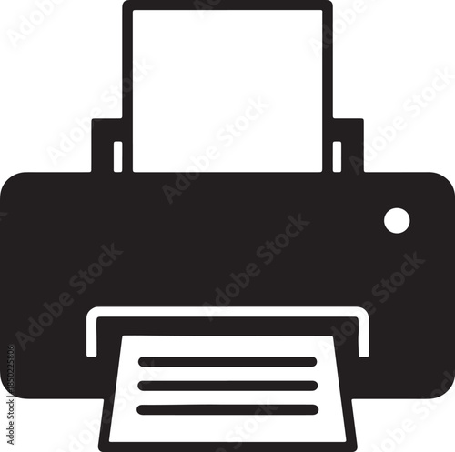 Minimalist black silhouette of a modern office printer with paper outputting from the tray and a blank sheet in the feeder tray also transparent background