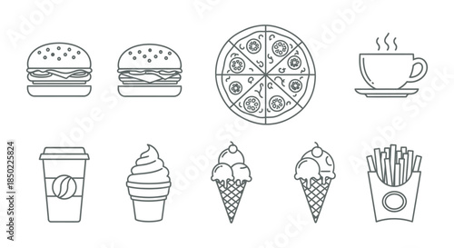 Collection of simple line art icons representing popular fast food items and beverages for menu design