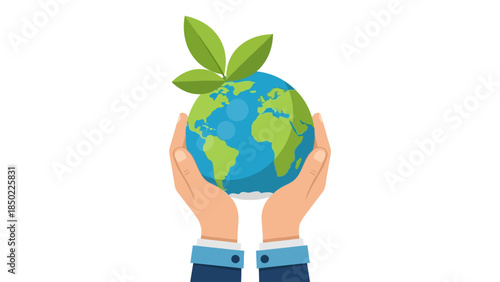 Hands holding a green and blue earth with three green leaves on top