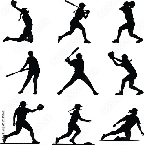 Softball player silhouettes, female baseball athletes vector set