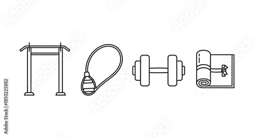 Set of simple black line icons representing various outdoor and indoor fitness training equipment items