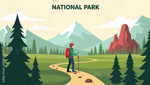 Hiker with backpack walks on a trail through a forest with mountains in the background