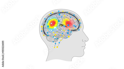 Human head profile with brain activity mapping