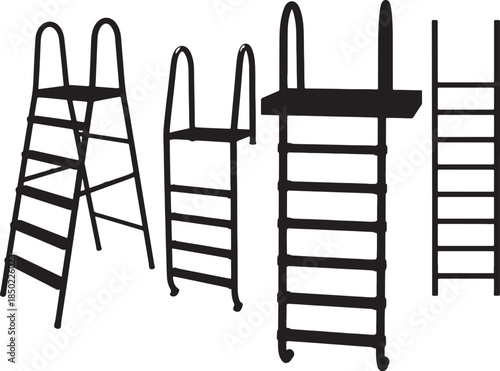 Set of black silhouettes of different types of ladders and pool stairs with handrails for swimming pools and access to elevated platforms also transparent background