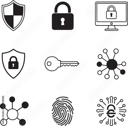 Set of security and technology including shield, lock, key, computer, fingerprint, and network symbols also transparent background