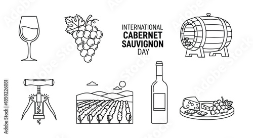 Celebrate international cabernet sauvignon day with these essential black and white line art icons