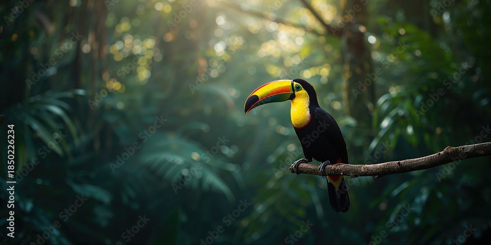 Obraz premium Colorful Ramphastos sulfuratus resting on a forest branch, emphasizing tropical ecosystem richness, World Biodiversity Day