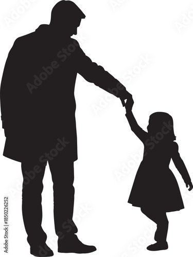 Silhouette of a father holding his young daughter's hand as they walk together, symbolizing family love and connection also transparent background