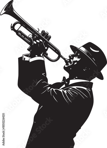 Silhouette of a jazz musician playing a trumpet wearing a fedora hat and suit conveying a soulful and energetic musical performance also transparent background