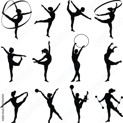 Rhythmic gymnastics silhouettes, gymnast with ribbon and hoop vector icons