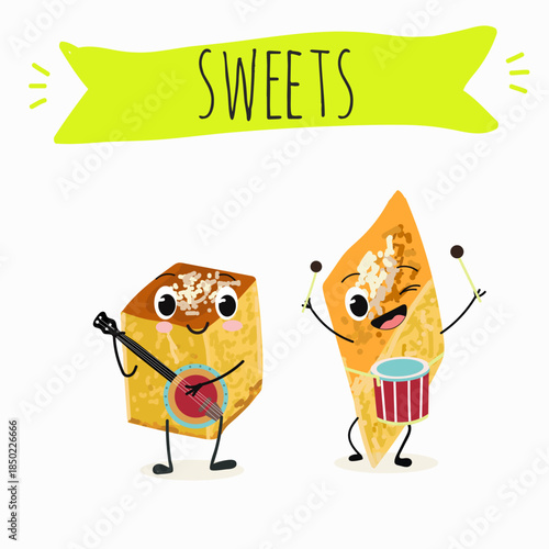 Funny Characters lokma, tulumba. Turkish,  Eastern sweets. Hand drawn vector illustration.