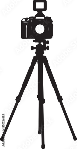 Silhouette of aDSLR camera mounted on a sturdy tripod against a plain white background or technology related concepts also transparent background