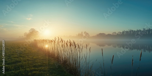 Reed at the lakeshore with mist and sunlight at dawn in spring, highlighting natural landscape features