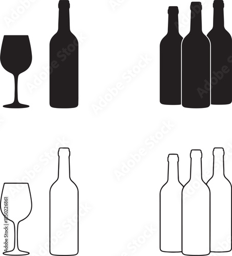 Silhouette of wine bottles and a wine glass in solid black and outline styles against a white background also transparent background