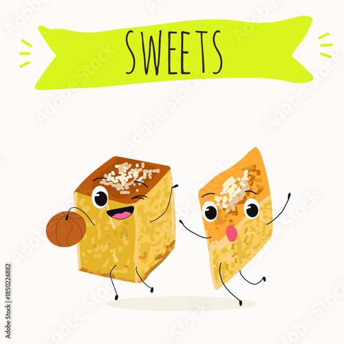 Funny Characters Ekmek kadaif. Turkish,  Eastern sweets. Hand drawn vector illustration.