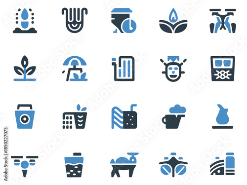 A collection of eco-friendly and technology-themed icons in blue and gray, highlighting sustainability and innovation.