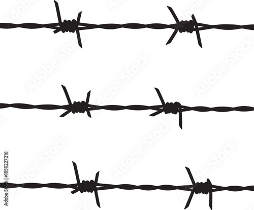 Three horizontal lines of black barbed wire against a stark white background creating a sense of confinement or division also transparent background
