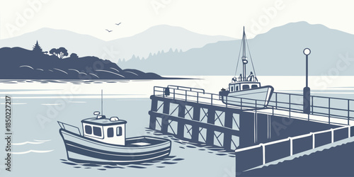 Oban Harbour Minimal Coastal Vector – Flat Pastel Illustration of Scottish Seaside Town and Waterfront
