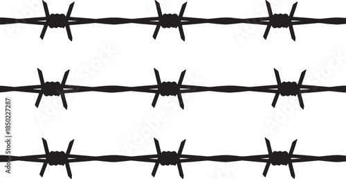 Three horizontal rows of black silhouette barbed wire fences creating a stark and restrictive visual pattern on a white background also transparent background