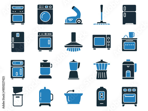 Collection of household appliance icons including washing machine, vacuum, and refrigerator, in a modern minimalist style.