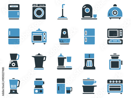 A collection of illustrated kitchen and cleaning appliances in blue and gray tones, showcasing modern designs.