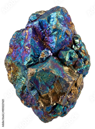 Bornite specimen with vibrant blue and purple tarnish on a brassy base.
