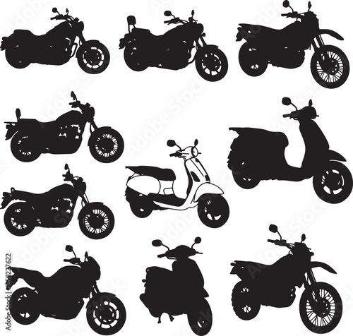Collection of diverse motorcycle and scooter silhouettes showcasing various styles from cruisers to dirt bikes and classic scooters in black and white also transparent background