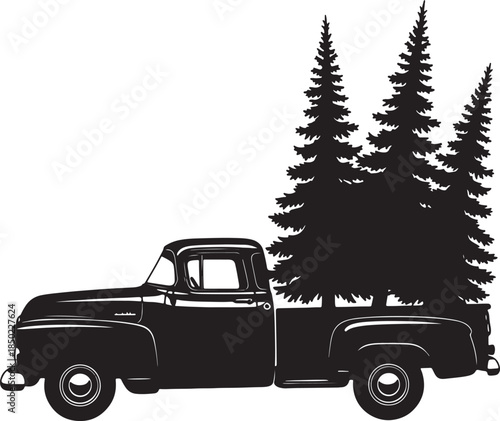Silhouette of a vintage pickup truck loaded with tall pine trees in its bed representing a rustic scene of logging or transporting nature's bounty also transparent background