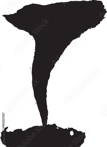 Stark black silhouette of a powerful tornado twisting and descending from an unseen cloud touching down on a textured ground creating a dramatic natural disaster depiction also transparent background