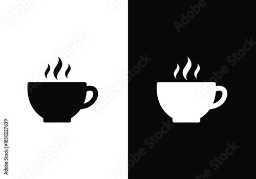 Black and white icons of a steaming coffee cup