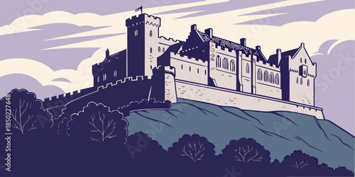Stirling Castle Medieval Silhouette – Minimal Scotland Fortress Vector, Historic Landmark Illustration