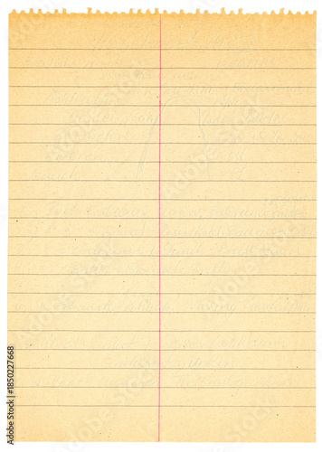 Vergilbte Blockseite liniert mit rotem senkrechtem Strich , oben ausgefranst und ähnlich einem Vokabelheft