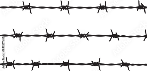 Three horizontal lines of sharp barbed wire silhouettes with intricate twists and sharp points creating a sense of confinement restriction or a boundary also transparent background
