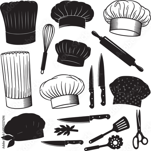 Collection of culinary headwear and tools including chef hats, knives, rolling pin, whisk, spatula, and scissors, representing cooking and baking professions also transparent background