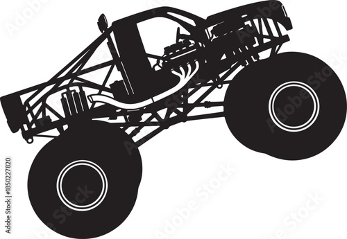 Silhouette of a powerful monster truck with oversized wheels and exposed engine details captured mid-air during a jump, showcasing extreme automotive engineering and also transparent background