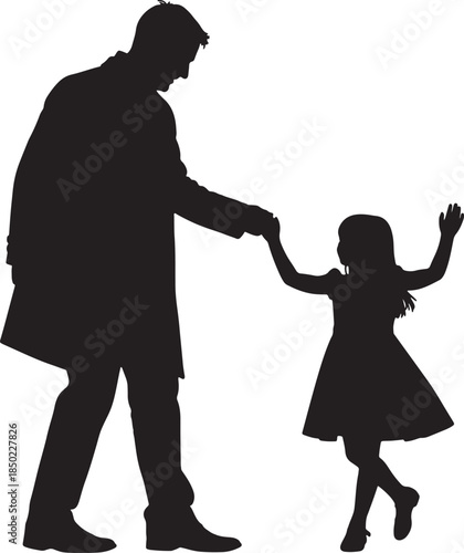 Silhouette of a father holding his young daughter's hand as they dance together, conveying a heartwarming scene of paternal love, joy, and family bonding in a simple black also transparent background