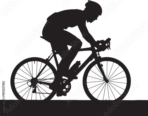 Silhouette of a cyclist in full gear riding a road bike, leaning forward in a racing stance against a white background, capturing the essence of cycling sport and athletic also transparent background