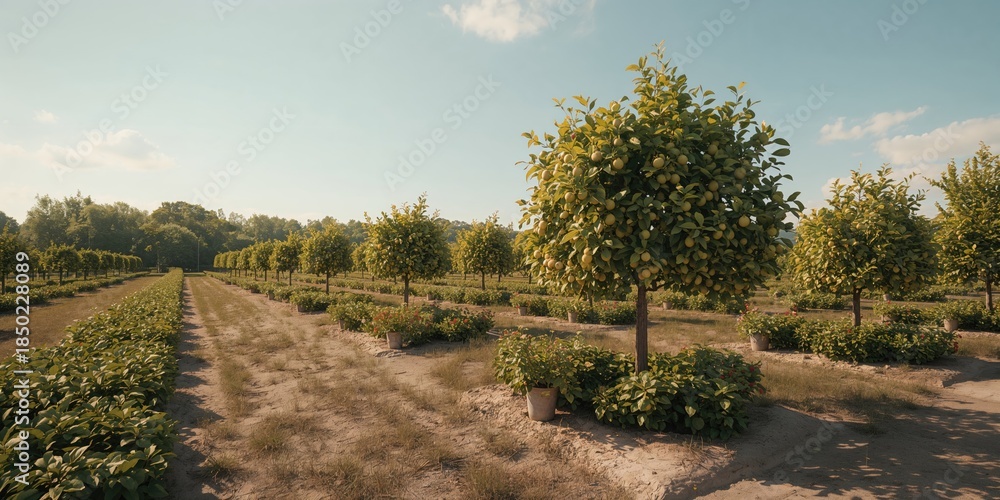 Fototapeta premium Fruit and berry tree and bush nursery for garden planting, supporting local food production