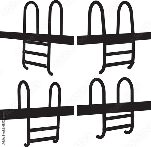 Four identical black and white of a swimming pool ladder with curved handles and steps, arranged in a grid on a white background, symbolizing recreation and aquatic access also transparent background